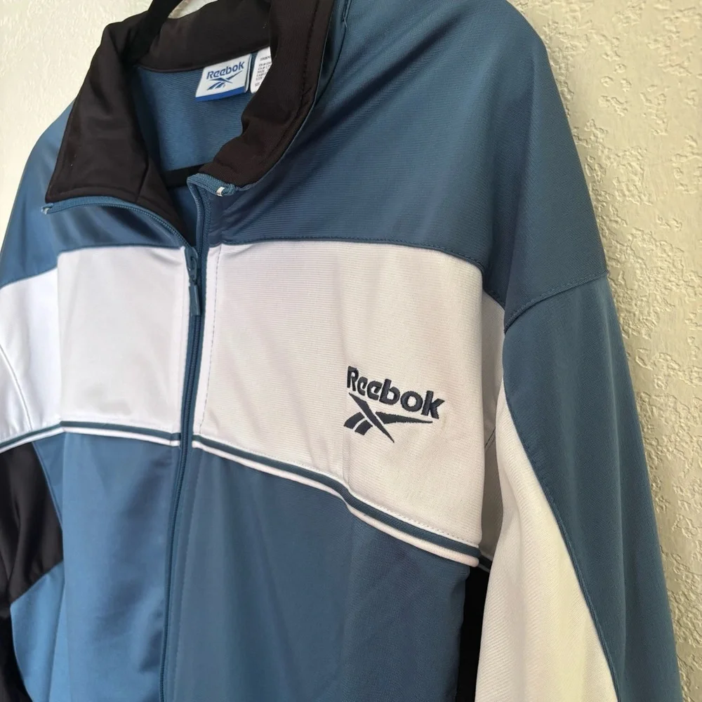 Vintage Reebok Jacket Mens Large White Blue Black Full Zip Pockets Track 90s